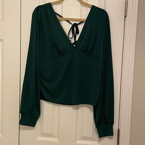 No‎ Boundaries Green Long Sleeve Tie Back Blouse V-Neck Top Ruched Plus Size 3X
